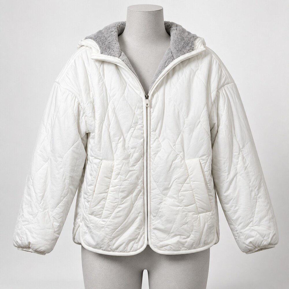Avalanche XS White Quilted Hooded Jacket with Gray Fleece Lining